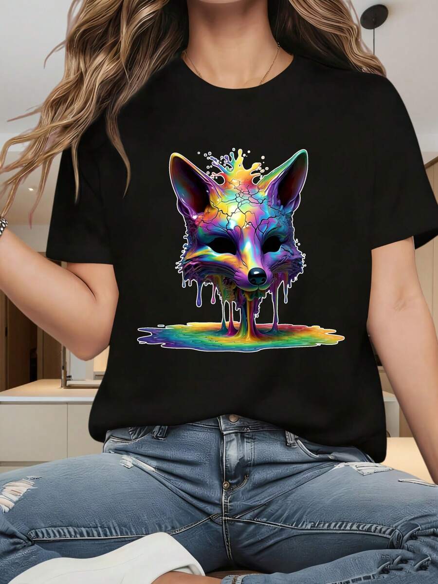 Women's Round Neck Short Sleeve T-ShirtColorful Fox Art Design T Shirt Women Fashion Casual Short Sleeve Top Rainbow Animal Print Graphic Tee BlackFun Prints Are Suitable For Christmas Partysports Activitiesholiday Partiesoutingssports And Other Holiday Gifts (220g). - màu đen - Xem 1
