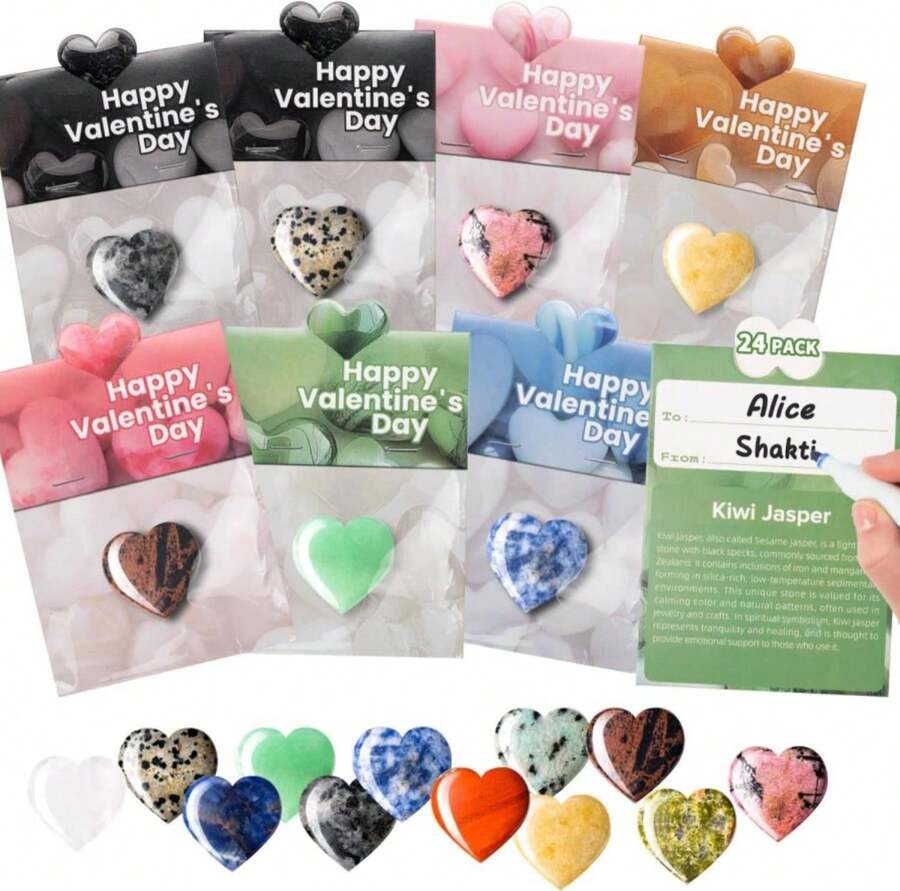 24 Pack Prefilled Valentines Day Gifts For Kids - Natural Heart-Shape Crystal Gemstone Rock Gem Set - Valentines Day Cards For Kids School Classroom Class Exchange - trắng - Xem 1