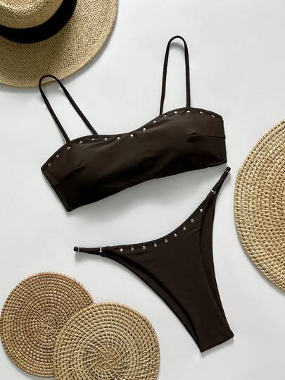 2pcs Solid Color Contrast Casual Cute Elegant Sexy Tie-Up Pearl Ball Bikini Swimwear, Beach Resort Wear, Spring/Summer Vacation