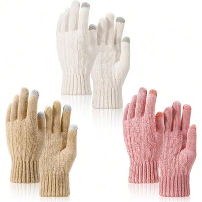 3 Pairs Touch Screen Gloves For Women Winter Thermal Warm Knitted Gloves Elastic Touchscreen Smartphone Glove For Working Driving Running Outdoor Activities