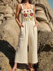 刺绣无袖连体裤，带口袋，女士夏季服装，度假/休闲，新年装扮