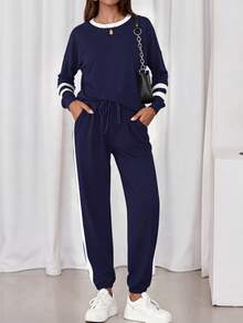 Women Fall 2 Piece Lounge Outfit Long Sleeve Tops High Waisted Jogger Pants Set Spring Travel Clothes Tracksuit New Years Valentine Vacation Outfit For Women - 藏青 - 查看 1