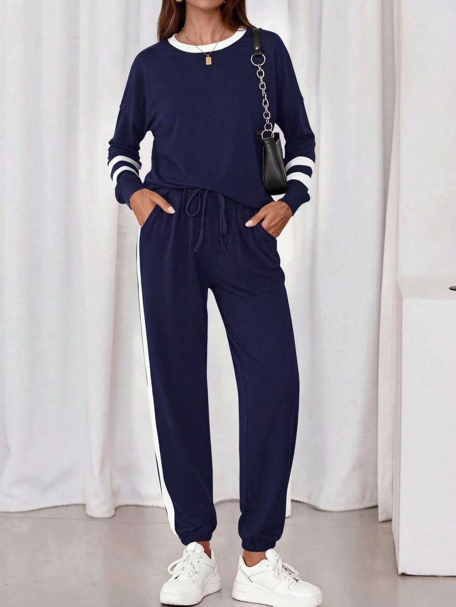 Women Fall 2 Piece Lounge Outfit Long Sleeve Tops High Waisted Jogger Pants Set Spring Travel Clothes Tracksuit New Years Valentine Vacation Outfit For Women - 藏青 - 查看 1