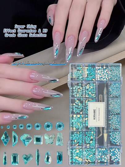  KIRAME 21 Grids DIY Manicure K9 Glass Lake Blue Flat Bottom Rhinestone Set - 30pcs High Gloss Rhinestones Per Style, Includes 1 Dotting Pen And 1 Tweezer, Nail Art Gems, Nail Salon, Home Manicure, Nail Art Supplies, Christmas, New Year, Valentine's Day Nail Art, Holiday Gift, Suitable For Crafts, Clothing, Textiles, Shoes, Glassware, Jewelry Making - Multi-Size Shiny Decorations Nails