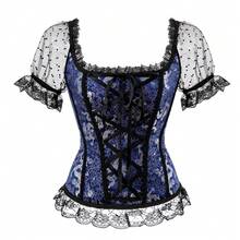 Jutrisujo Blue Corsets Bustier For Women With Sleeves Zipper Basques Lace Lingerie Top Plus Size Gothic Renaissance Halloween Costumes - 8108-Blue - 查看 11