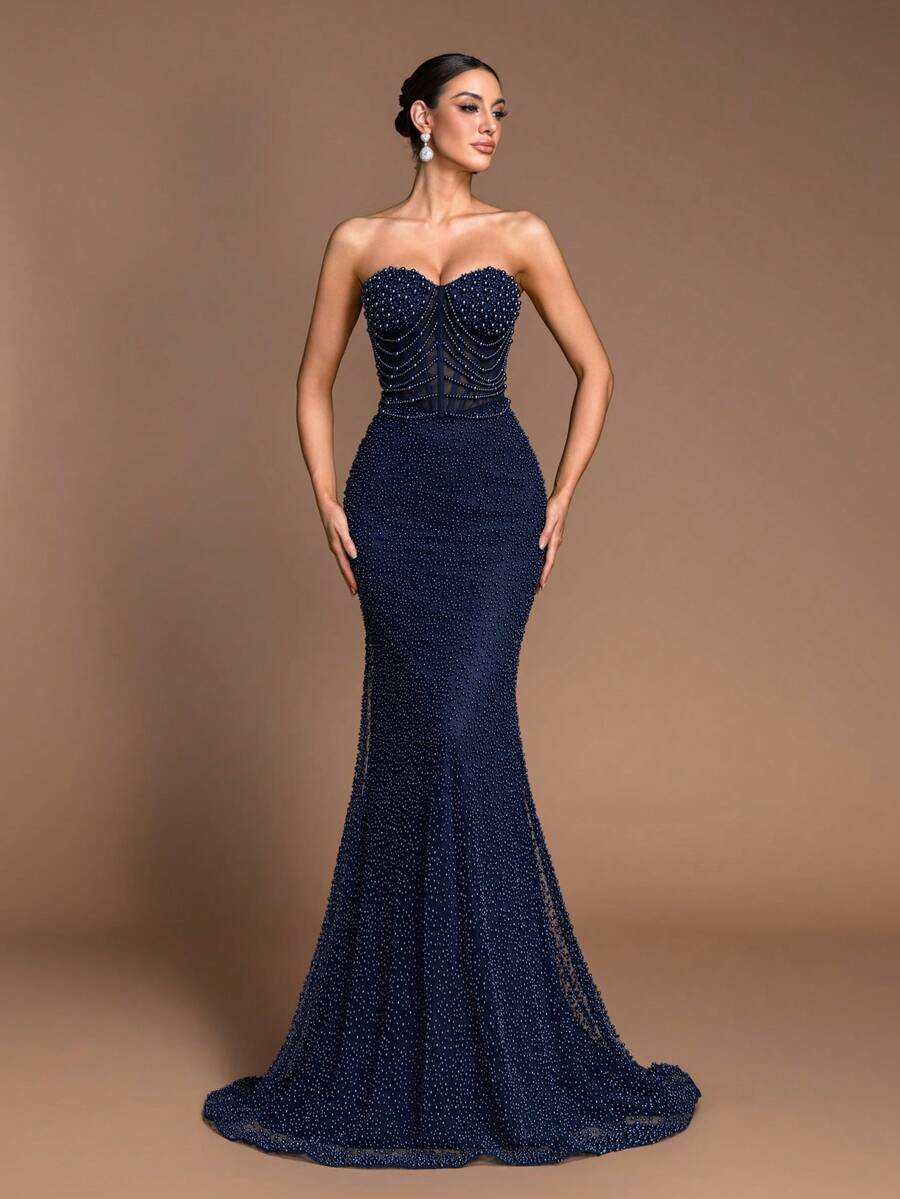 Solid Color Elegant Formal Evening Party Wedding Zipper Pocket Rhinestone Dress Spring - Navy Blue - View 1