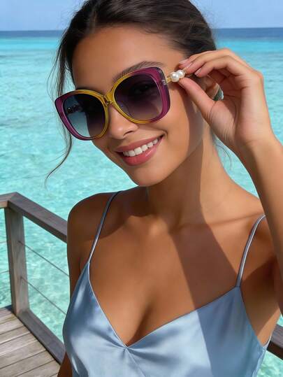 1pc Women's Square Large Frame Pearl Metal Decor Retro Streetwear Y2K Bicolor Luxurious Vacation Elegant Fashion Fashion Glasses