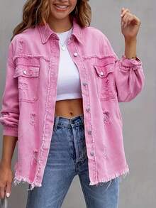 Women's Large-Sized Pink Denim Jacket With Frayed Edges On The Side Pockets Of The Collar For A Retro And Casual Look, Suitable For Daily Wear. Pair It With A Women's Large-Sized Denim Jacket. - 粉色 - 查看 6