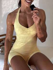 GAOVOT Women's Two Pieces Summer Sports Casual Sexy Halter Neck Tank Yellow Top And High Waisted Hip Tight Shorts Suit For Running Exercise Yoga Gym Clothes - Light Yellow - View 4