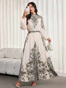 女士优雅复古印花泡泡袖系带连衣裙新年外出装扮