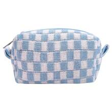 Small Cute Checkered Makeup Bag - Portable Cosmetic Pouch With Zipper, Travel Toiletry Bag, Purse Organizer, Beauty Storage, Blue - Blue - 查看 2