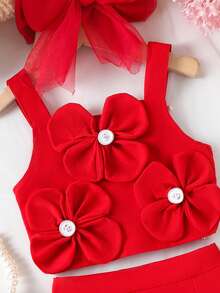 2pcs Baby Girls Elegant Sexy Outfit Red Camisole Top + Shorts Set, Spring/Summer - Red - View 3