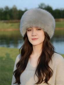 1pc Faux Fur Flat Top Hat, Fluffy Bucket Hat, Thick Warm Ear Protection Round Top Beanie