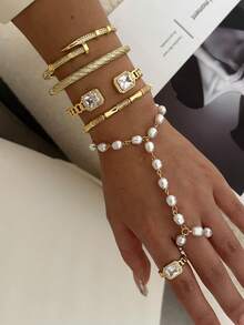 1pc 14K Gold Plated Fashionable Luxury Micro-Inlaid Stacking Bracelet, Unique Design, European & American Style, Multi-Layer Metal Women Bracelet - Multicolor - View 2