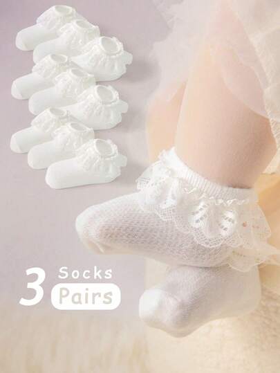 3 Pairs Spring/Summer Baby Socks, Classic Solid Color Mesh Lace Short Socks, Skin-Friendly Soft Breathable Casual Fashion Princess Lace Trim Socks, Suitable For Daily Wear, Gifts, Travel, Matching Princess Dresses