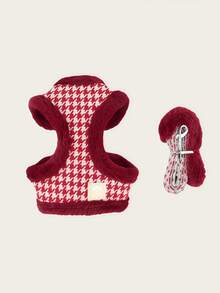 1 Set/2pcs (Harness + Leash) Stylish Pet Dog/Cat Leash Set, Thick/Houndstooth/Plaid Design Harness & Leash Set For Small/Medium Pets, Winter - Multicolor - View 8