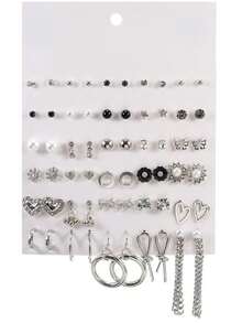 30 Pairs Punk Metal Heart Bowknot Stud Earrings For Girls Fashion Simulated Pearls Butterfly Shiny Drop Earrings Accessories Party Show Jewelry Gifts - Multicolor - View 8