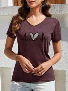 Nt Heart Pattern Crew Neck Short-Sleeve T-Shirt, Summer Style - 白色 - 查看 4