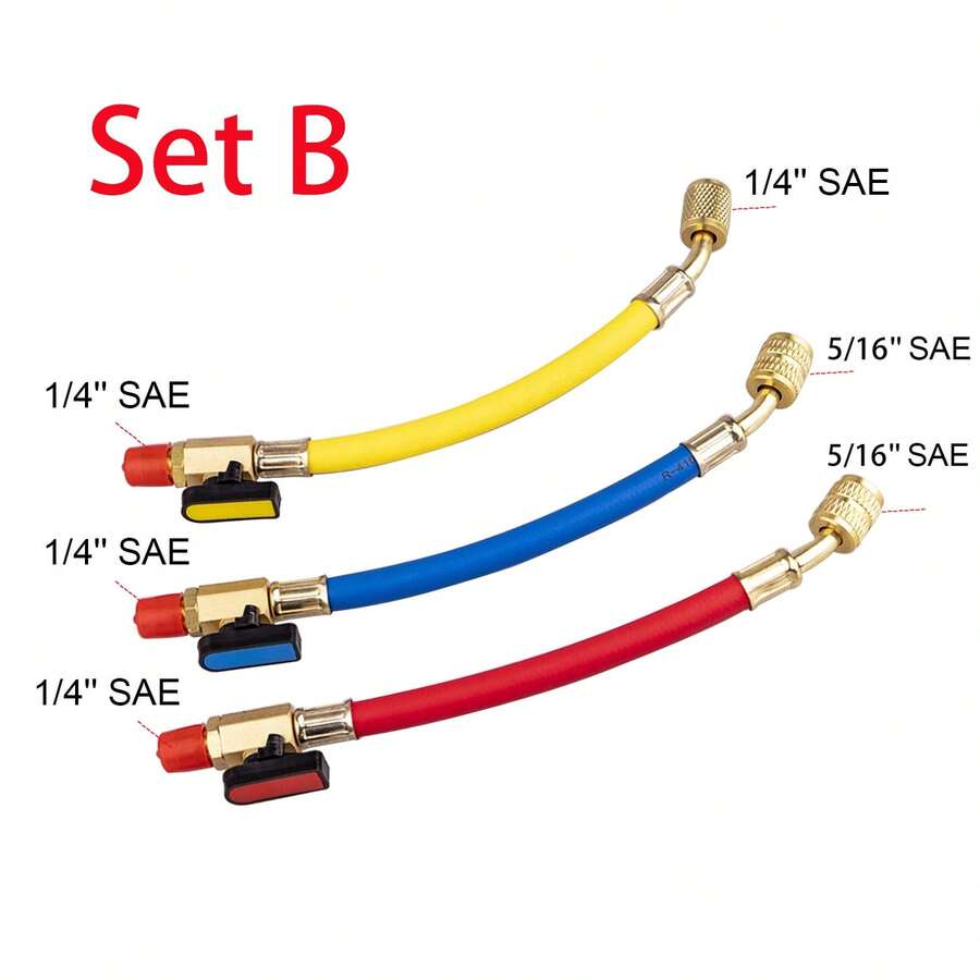 R134A R410A R22 R12 Refrigeration Charging Hose Set With Ball Valve, 1/4" SAE Thread AC HVAC Manifold Gauge Hose Kit, Low Loss Refrigerant Hoses With Ball Valves