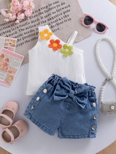 2pcs Baby Girls Summer Fashion Street Style Cute White Ribbed Spaghetti Strap Tank Top With Colorful Floral Decor Paired With Blue Shorts Set, Suitable For School Streetwear