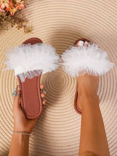 Women's New Fashion Flat Sandals With Square Toe And Bow Design, Solid Color Elegant Lady & Girl Style, French Romantic, High-End Design, Suitable For Party, Beach, Date, Evening, Daily Casual, Open Toe, Non-Slip, Lightweight, Indoor And Outdoor Multipurpose Flat Slippers