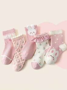 5 Pairs Kids Cartoon Rabbit Socks, Pink, Suitable For Children Aged 1-16 Years Old, Spring/Autumn - Multicolor - View 5