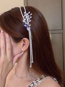 1件装锆石几何心形链条流苏发箍，优雅飘逸的女士垂坠头饰 - 銀色 - 查看 2