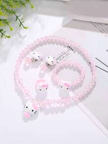 A Set Of Sanrio, Hello Kitty Bead Necklace, Earrings, Bracelets, Rings, Sweet Princess Jewelry, Fashionable And Cute