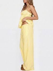 Spaghetti Strap Sexy Top, Button Design Striped Top & Wide Leg Pants Set, Energetic Graduation Outfit, College Style, Spring/Summer New Arrival - Yellowish-white - View 3