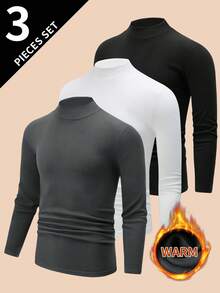 paquete de 3 piezas de camisetas térmicas de manga larga con cuello alto para hombres, de colores variados, capa base casual y cálida para otoño/invierno - Multicolor - Ver 1