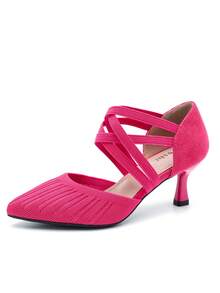 MAIERNISI JESSI Women's Low Kitten Heels Knit Pumps Elastic Crisscross Ankle Strap Slip On Dress Shoes - 玫紅色 - 查看 8