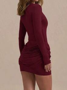 Spring And Summer Women's Casual Elegant Wine Red Mini Dress, Knit Fabric, Long Sleeve Round Neck, Ruched Fitted Design, Suitable For Parties And Events, Mother's Day - Burgundy - View 4