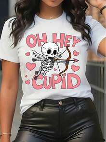 Valentine's Day Graphic Tee Women's Casual Short Sleeve T - Shirt Oh Hey Cupid Skeleton Print Heart Pattern Loose Fit Top - White - View 1