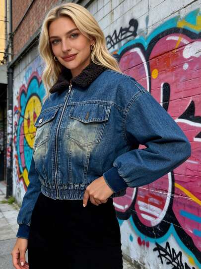 Women Denim Jacket, Long Sleeve Turn-Down Collar Zipper Closure Fall Jacket Streetwear