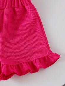 2pcs Baby Girl Summer Fashionable Cherry Embroidery Sleeveless Top And Ruffle Elastic Waist Shorts Set - Hot Pink - View 6