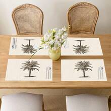 椰树印花亚麻餐垫（1件/4件/6件装），适用于餐桌，四季皆宜，现代可水洗，可作房间装饰、杯垫、厨房餐垫、室内外派对装饰、家居装饰，理想礼品 - 彩色 - 查看 6