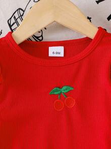 2pcs Baby Girl Fashionable & Elegant Sweet Cherry Embroidery Flutter Sleeve Round Neck Cap Sleeve T-Shirt Top And Cherry Embroidery Double Ruffle Flare Leg Denim Pants Set - Red - View 3