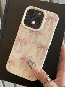 蝴蝶结单件装白色皮革纹理简约粉色蝴蝶结设计手机壳，兼容苹果17/17Pro/17ProMax/16/16Pro/16ProMax 15/14Plus/13/12/11 - 彩色 - 查看 4