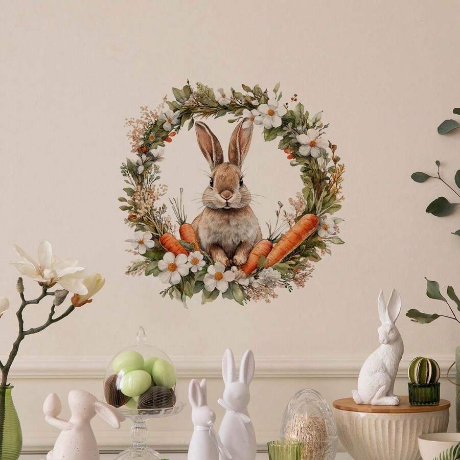1pc Floral Wreath, Rabbit, Carrot Wall Sticker, Removable PVC Self-Adhesive Decal, Suitable For Spring Easter Bedroom, Living Room, Balcony And Window Decoration - Multicolor - View 1
