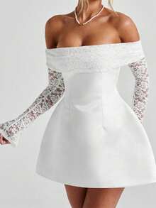 Sexy Off-Shoulder Mini Dress With Sheer Lace Sleeves, Suitable For Women's Evening Party, White Dress - White - View 4