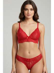 Conjunto Alice Renda Sexy Sem METAL Lingerie LISO CJAL006 - Vermelho - Visão 2