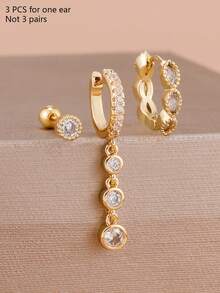 3PCS Fashion White Zirconia 18K Gold Plated Earrings Set For Women Stainless Steel Chain Round Tassel Pendant Earrings Luxury Jewelry - 3Pcs for One Ear - View 5