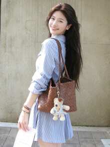 Casual Commuter Striped Front Button Waist Cinched Dress - Blue - View 8