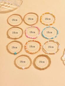 11pcs/Set CCB Gold Bead Bracelet Set, Faux Pearl Multi-Layer Elastic Bracelets, Suitable For Women Daily Wear, Vacation And Party, Classic Cross Decor (Bead Color Sequence May Vary) - Multicolor - View 4