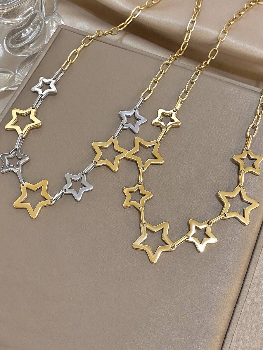 Fashion Gold Hollow Star Pendant Necklace, Minimalist Shiny Star Link Chain Necklace, Elegant Jewelry For Daily Wear, Party, Vacation And Gift,Unisex,Valentine's Day Gift - Multicolor - View 1