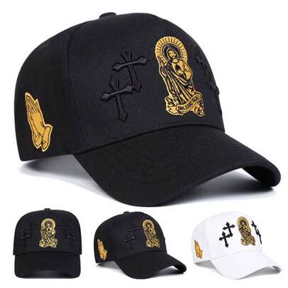 1 st. temabroderad basebollkeps, svart/vit med Jungfru Maria/Kors/Bedjande händer-design, avslappnad hatt