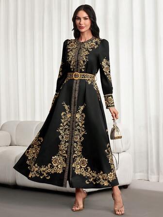 女士优雅复古印花衬衫裙 – 长袖，适合春秋季节、毕业典礼、日常穿着和下午茶聚会。