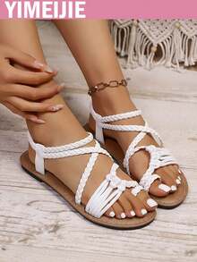 Neue Damen Flache Sandalen, Mode Strand Sandalen, einfarbige Strand PU Leder Gewebte Damen Flache Sandalen, Gewebte Sandalen, Strand, Frühling/Sommer - Weiss - Übersicht 5