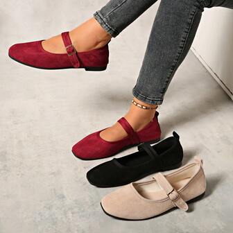 2025款方头加大码女式芭蕾舞鞋，玛丽珍软底时尚系带乐福鞋，麂皮超百搭舒适搭扣鞋