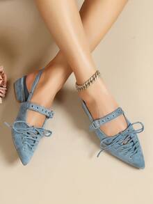 Women's New Pointed Toe Lace-Up Low Heel Casual/Work Shoes - Blue - View 2